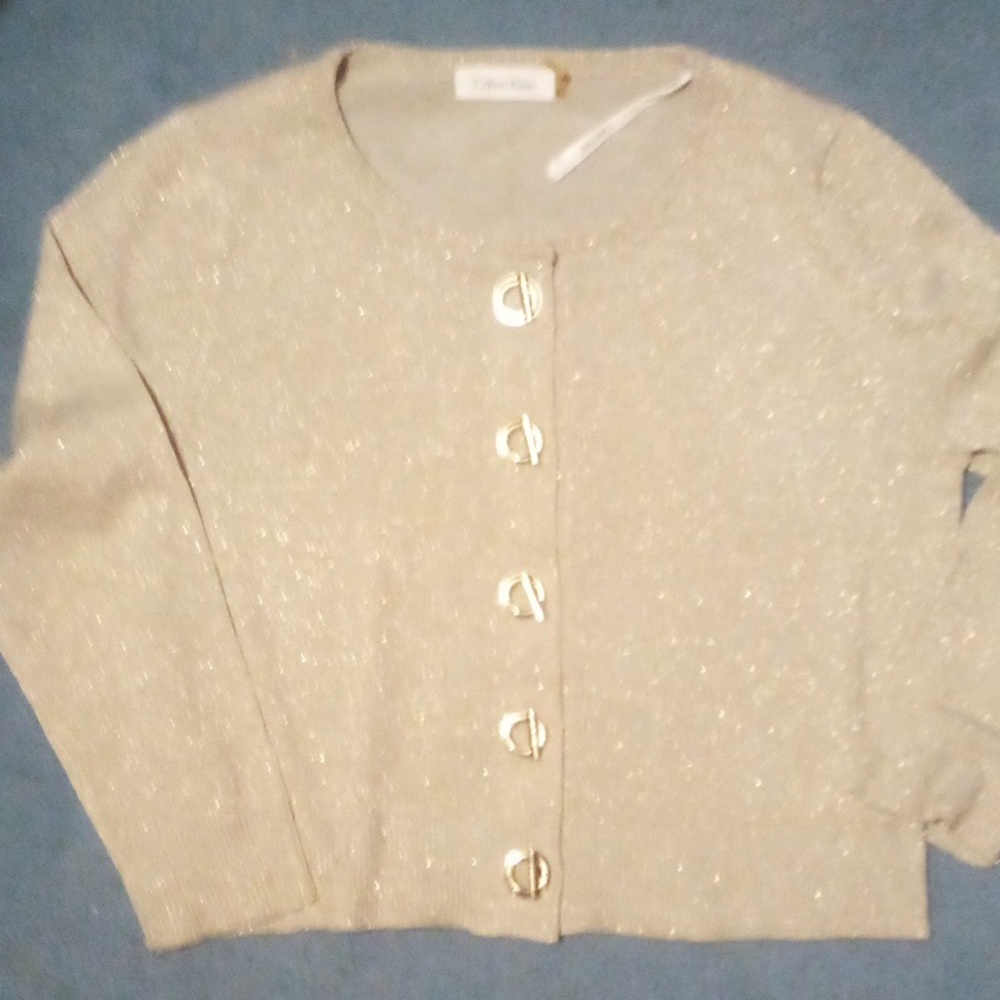 Snazzy, vintage Calvin Klein, sparkly gold cropped cardigan  Small. NEVER worn.